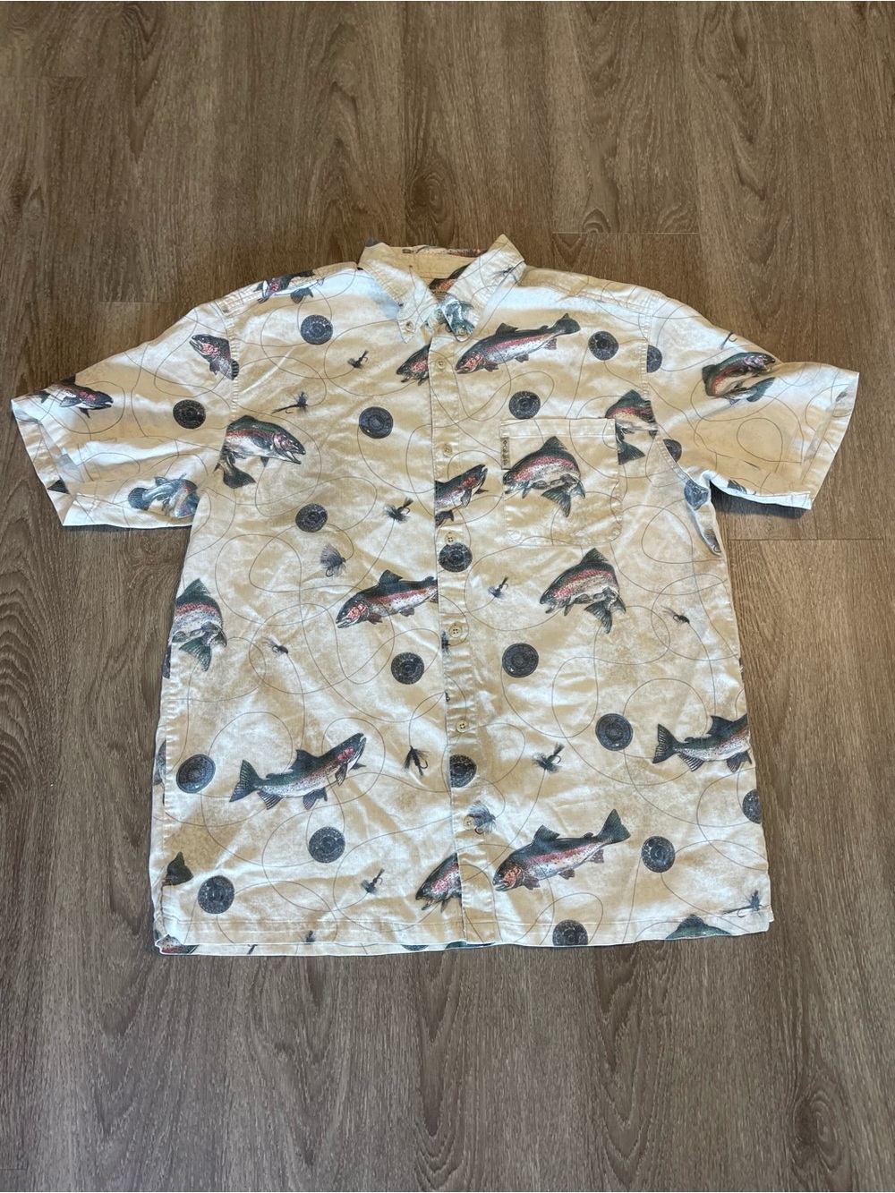 Columbia PFG Fishing Shirt Mens XL AOP Rainbow Trout Short Sleeve Button Up